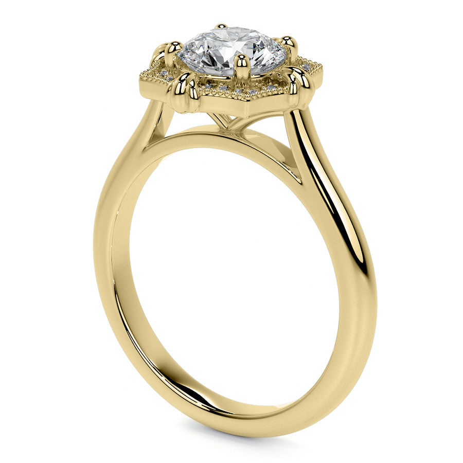 Round Brilliant Moissanite Octagon Halo Engagement Ring with Milgrain