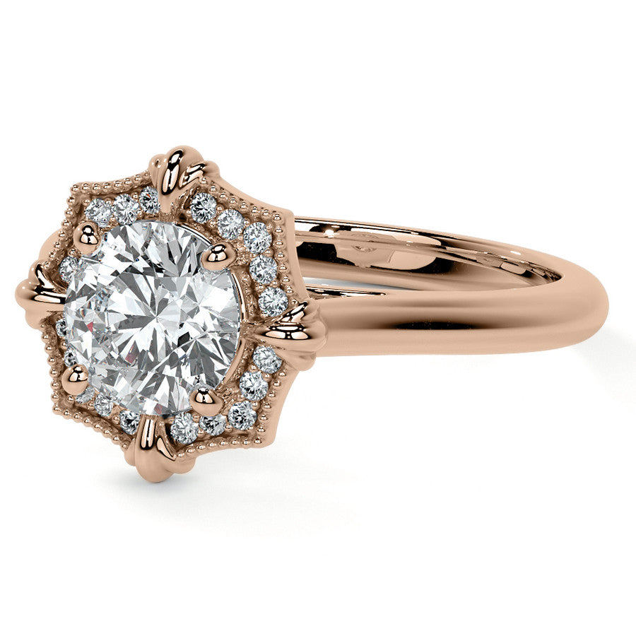 Round Brilliant Moissanite Octagon Halo Engagement Ring with Milgrain