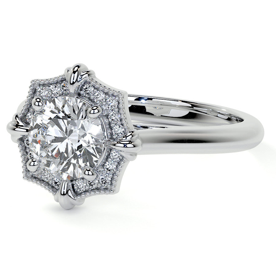 Round Brilliant Moissanite Octagon Halo Engagement Ring with Milgrain