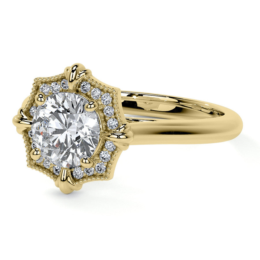 Round Brilliant Moissanite Octagon Halo Engagement Ring with Milgrain