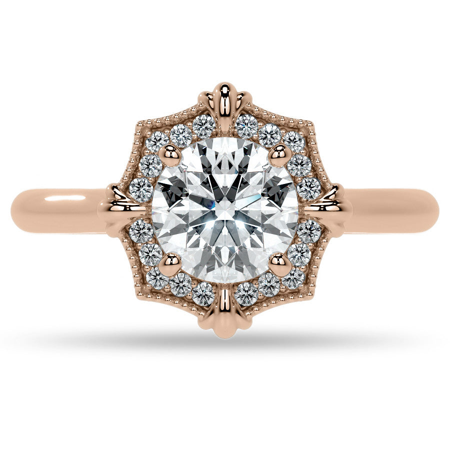 Round Brilliant Moissanite Octagon Halo Engagement Ring with Milgrain