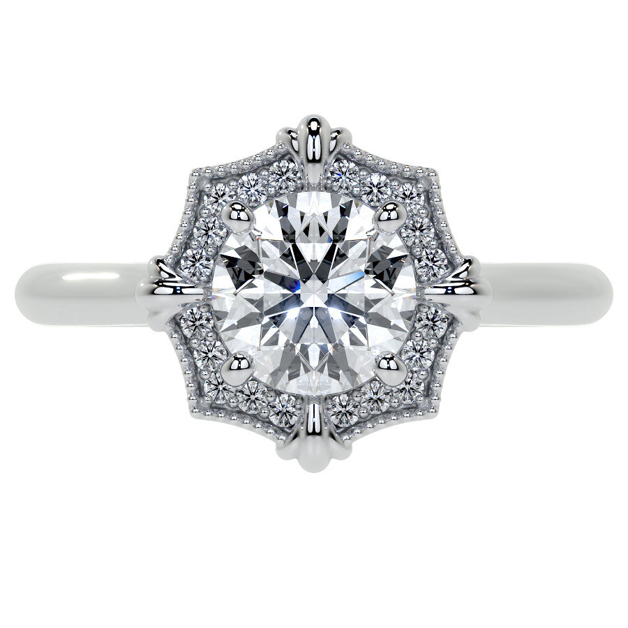 Round Brilliant Moissanite Octagon Halo Engagement Ring with Milgrain