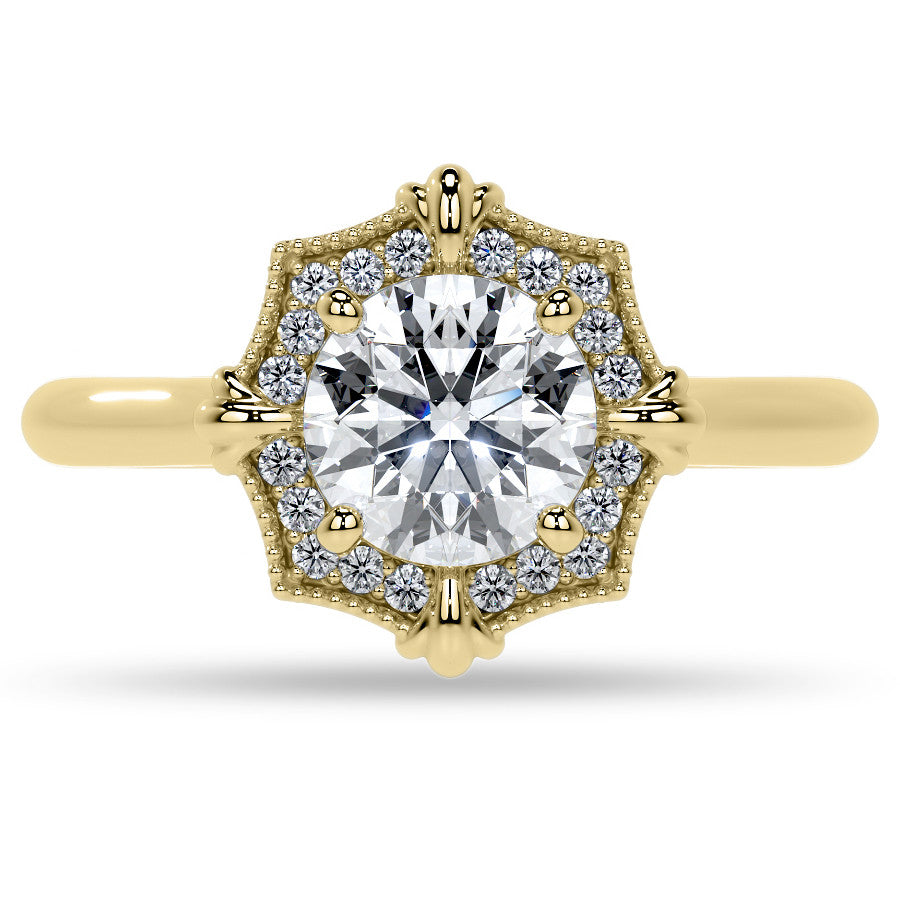 Round Brilliant Moissanite Octagon Halo Engagement Ring with Milgrain