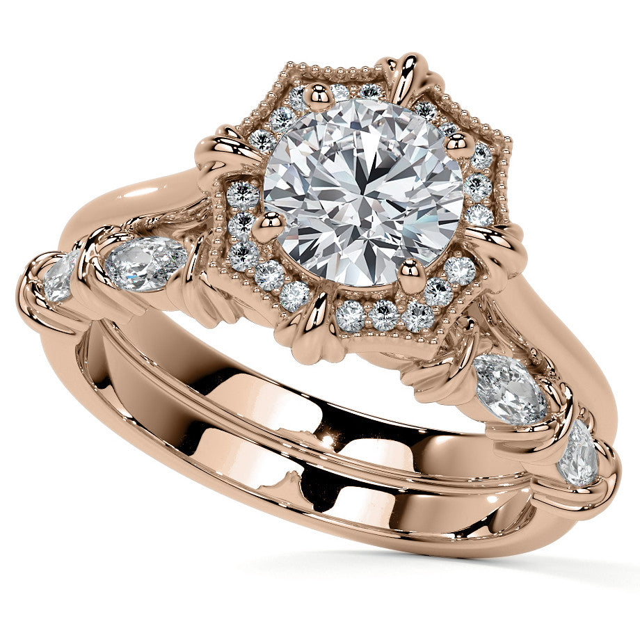 Round Brilliant Moissanite Octagon Halo Engagement Ring with Milgrain