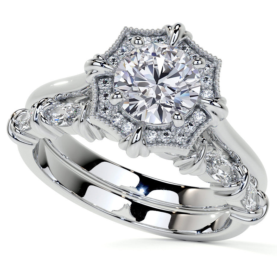 Round Brilliant Moissanite Octagon Halo Engagement Ring with Milgrain