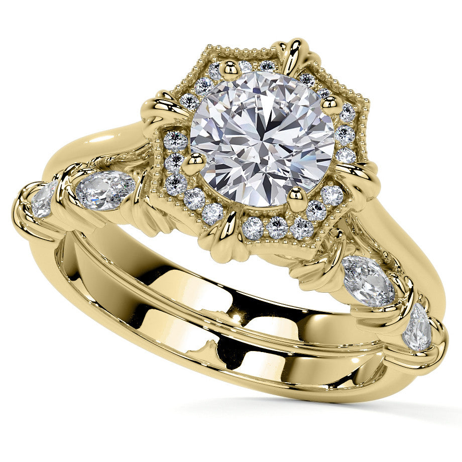 Round Brilliant Moissanite Octagon Halo Engagement Ring with Milgrain