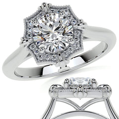 Round Brilliant Moissanite Octagon Halo Engagement Ring with Milgrain