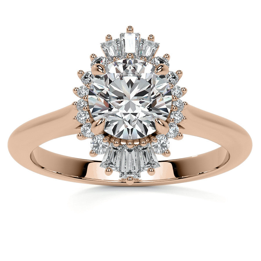 Round and Baguette Diamond Halo Moissanite Engagement Ring