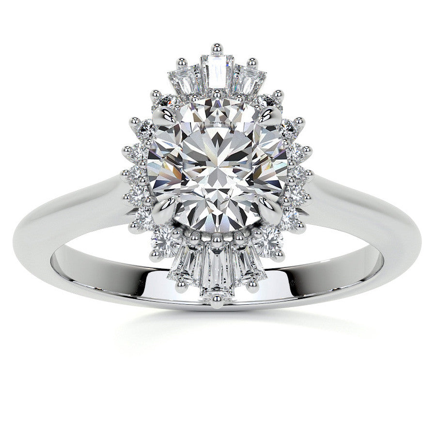 Round and Baguette Diamond Halo Moissanite Engagement Ring