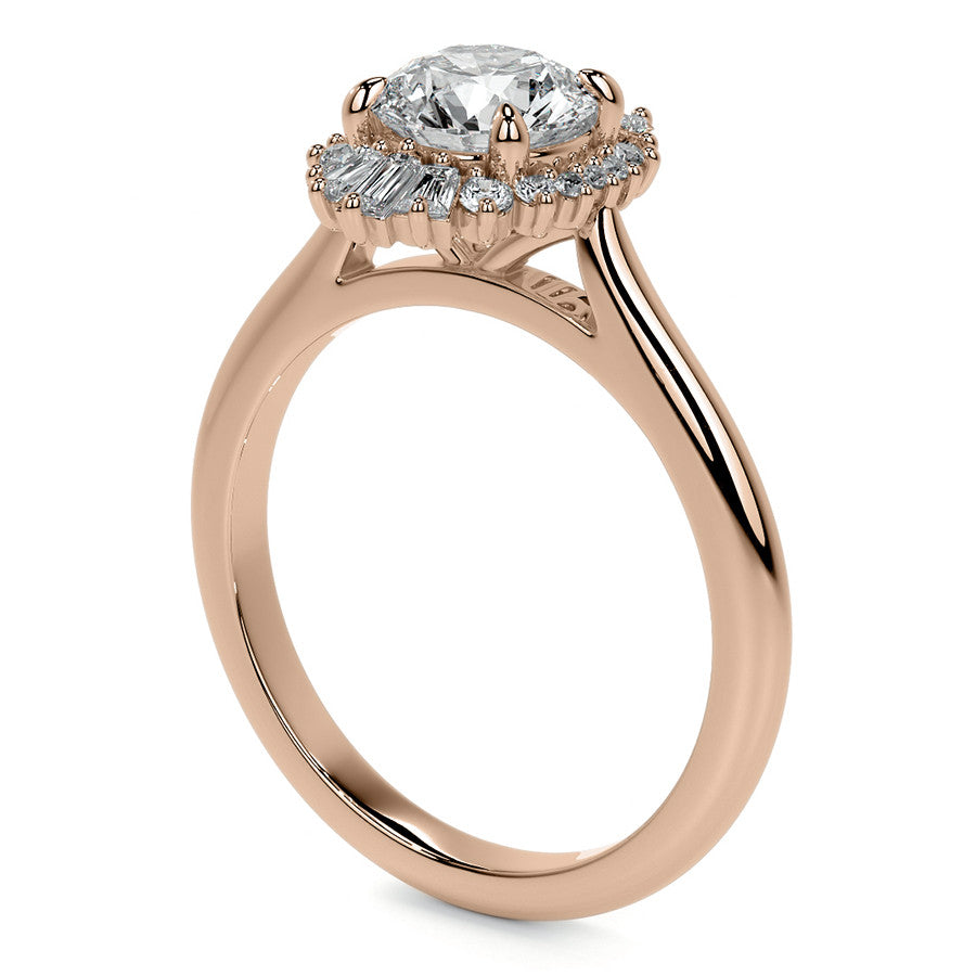 Round and Baguette Diamond Halo Moissanite Engagement Ring