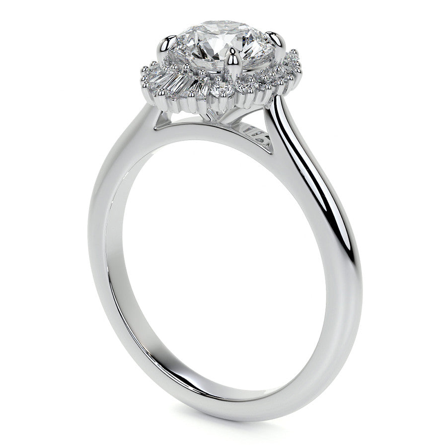 Round and Baguette Diamond Halo Moissanite Engagement Ring