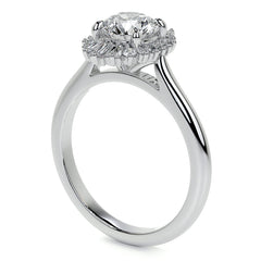 Round and Baguette Diamond Halo Moissanite Engagement Ring