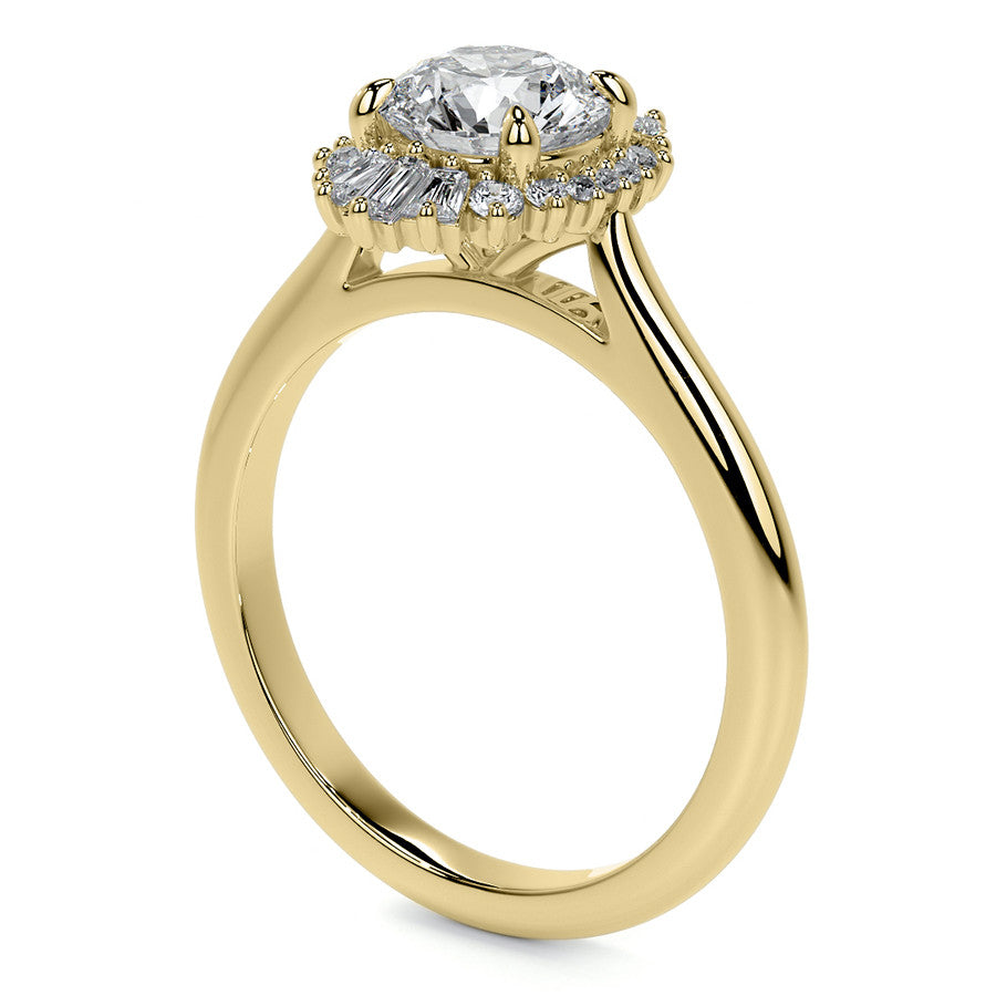 Round and Baguette Diamond Halo Moissanite Engagement Ring