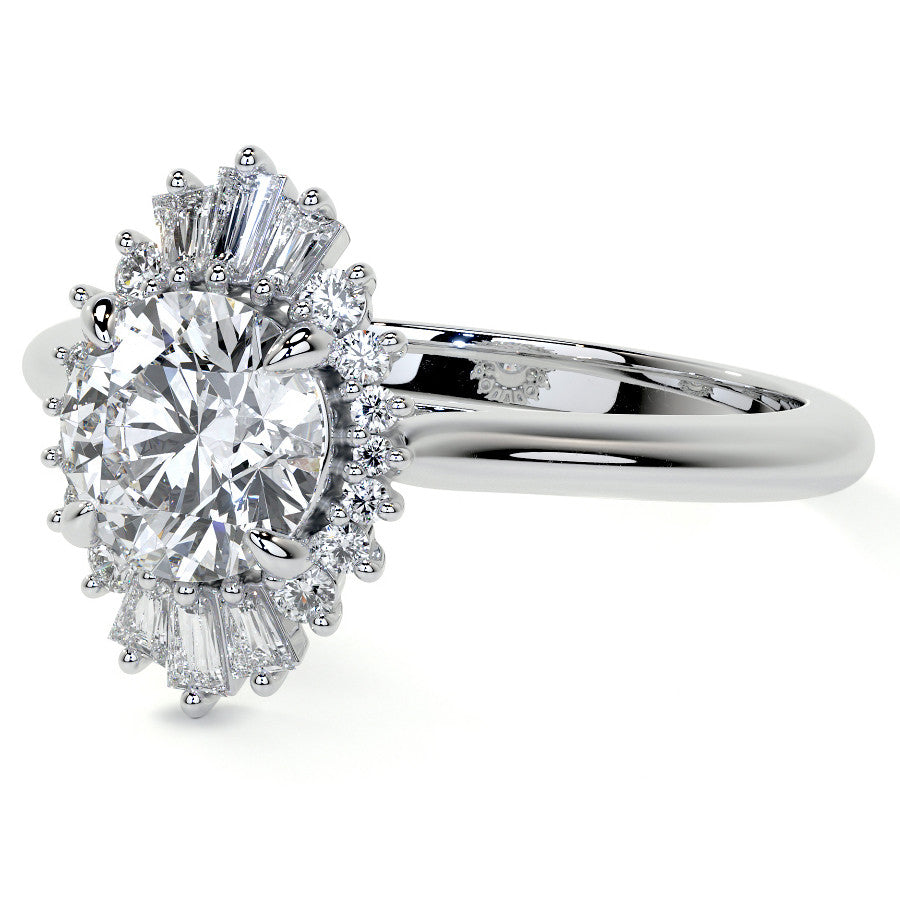 Round and Baguette Diamond Halo Moissanite Engagement Ring