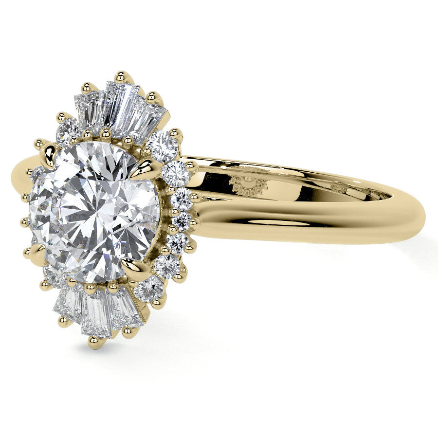 Round and Baguette Diamond Halo Moissanite Engagement Ring