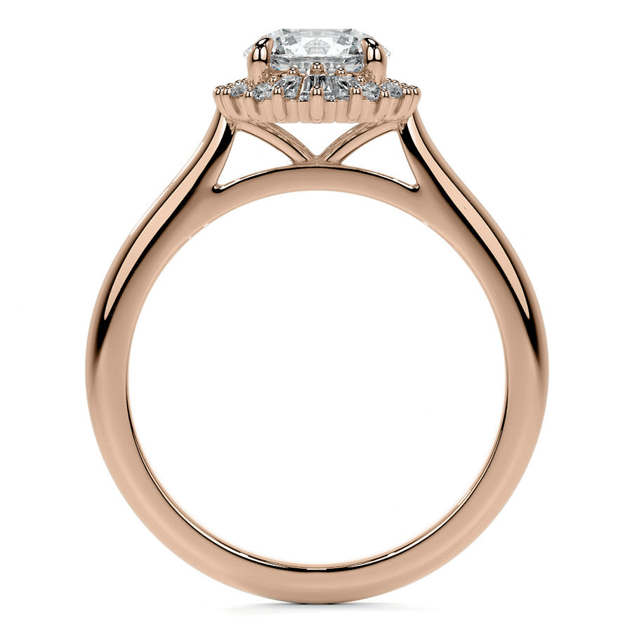 Round and Baguette Diamond Halo Moissanite Engagement Ring