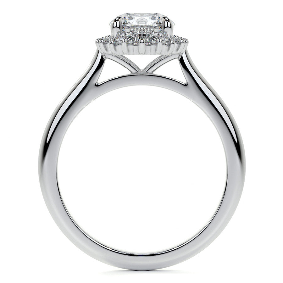 Round and Baguette Diamond Halo Moissanite Engagement Ring