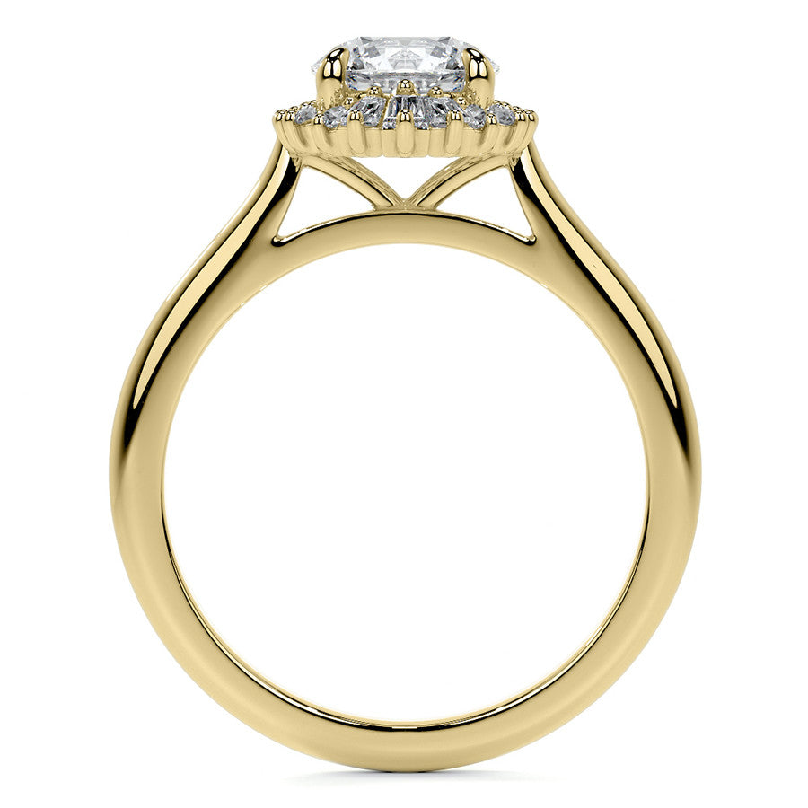 Round and Baguette Diamond Halo Moissanite Engagement Ring