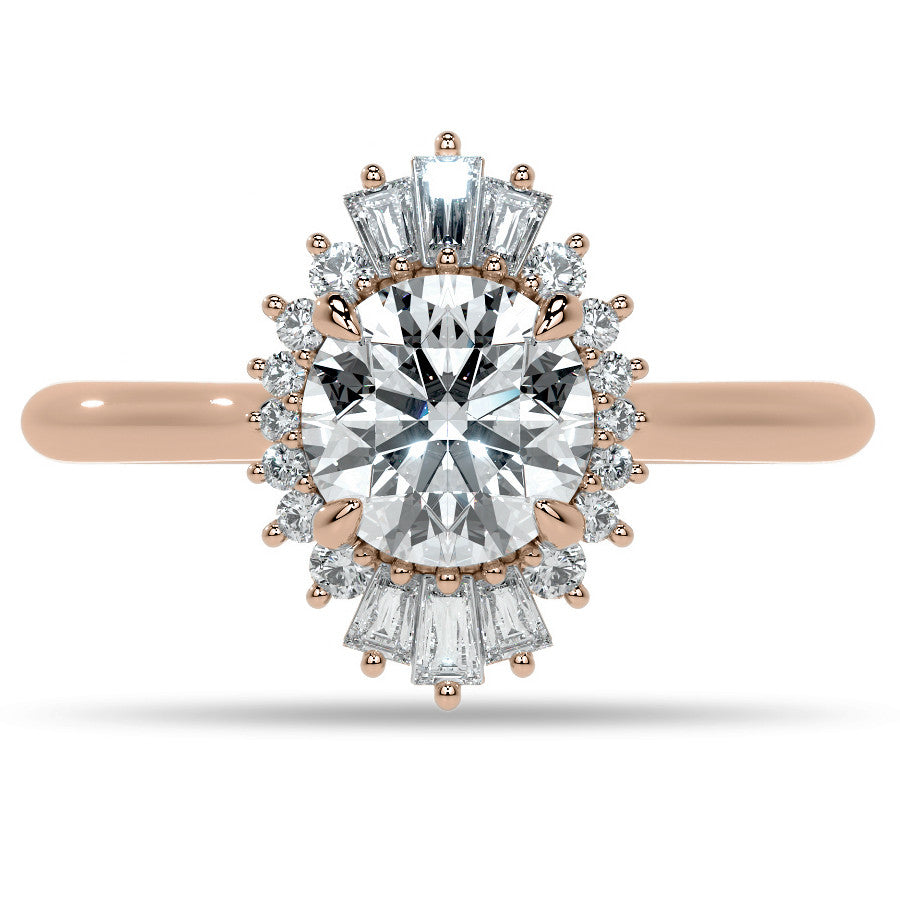 Round and Baguette Diamond Halo Moissanite Engagement Ring