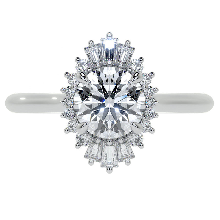 Round and Baguette Diamond Halo Moissanite Engagement Ring