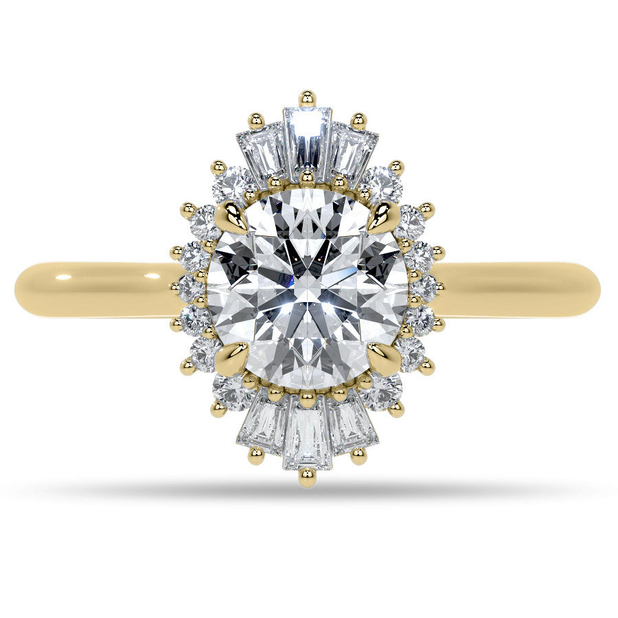 Round and Baguette Diamond Halo Moissanite Engagement Ring