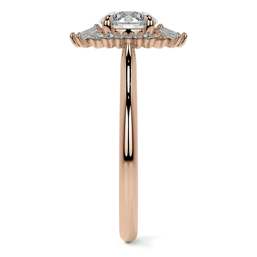 Round and Baguette Diamond Halo Moissanite Engagement Ring