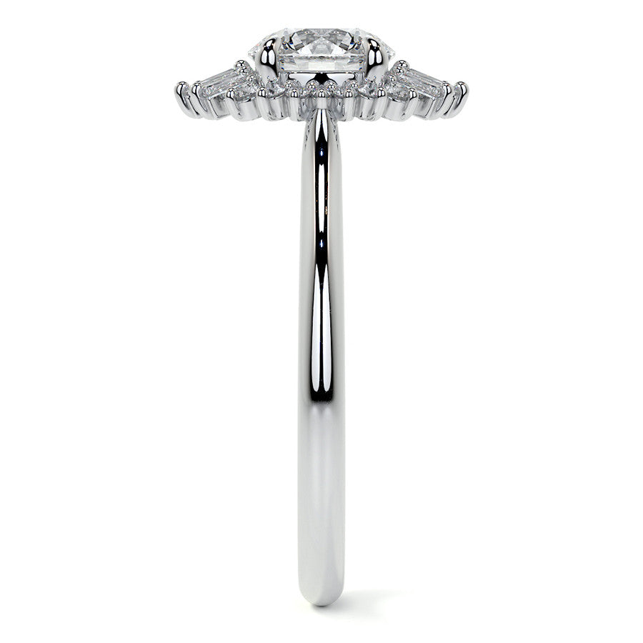 Round and Baguette Diamond Halo Moissanite Engagement Ring