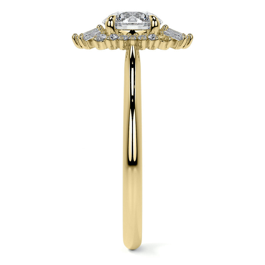 Round and Baguette Diamond Halo Moissanite Engagement Ring