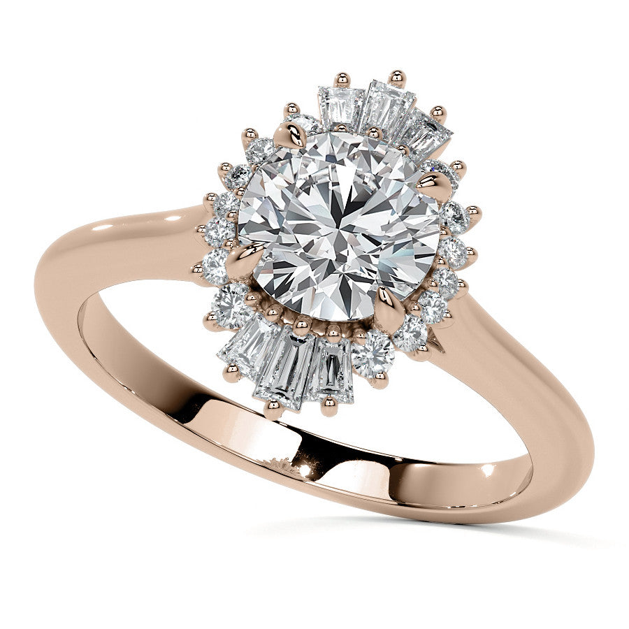 Round and Baguette Diamond Halo Moissanite Engagement Ring