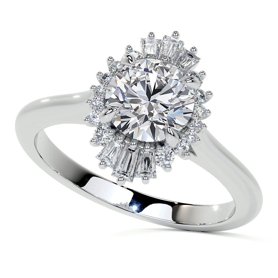 Round and Baguette Diamond Halo Moissanite Engagement Ring