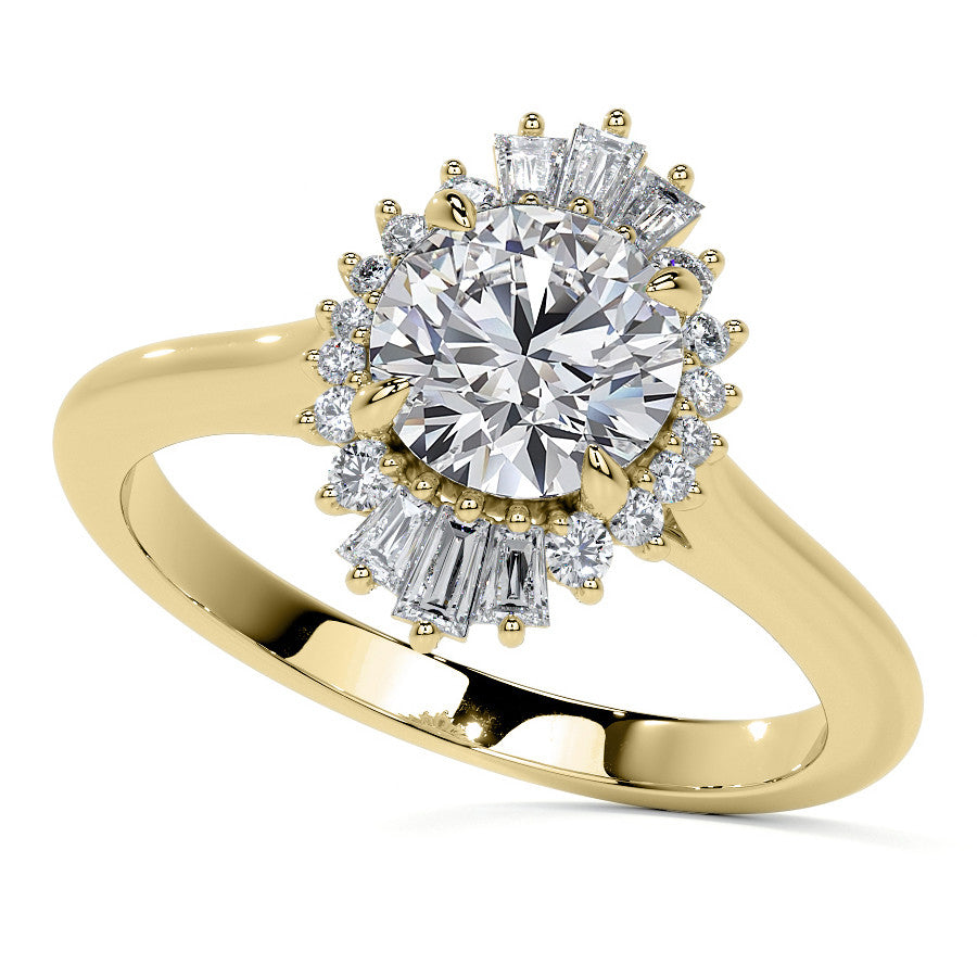 Round and Baguette Diamond Halo Moissanite Engagement Ring