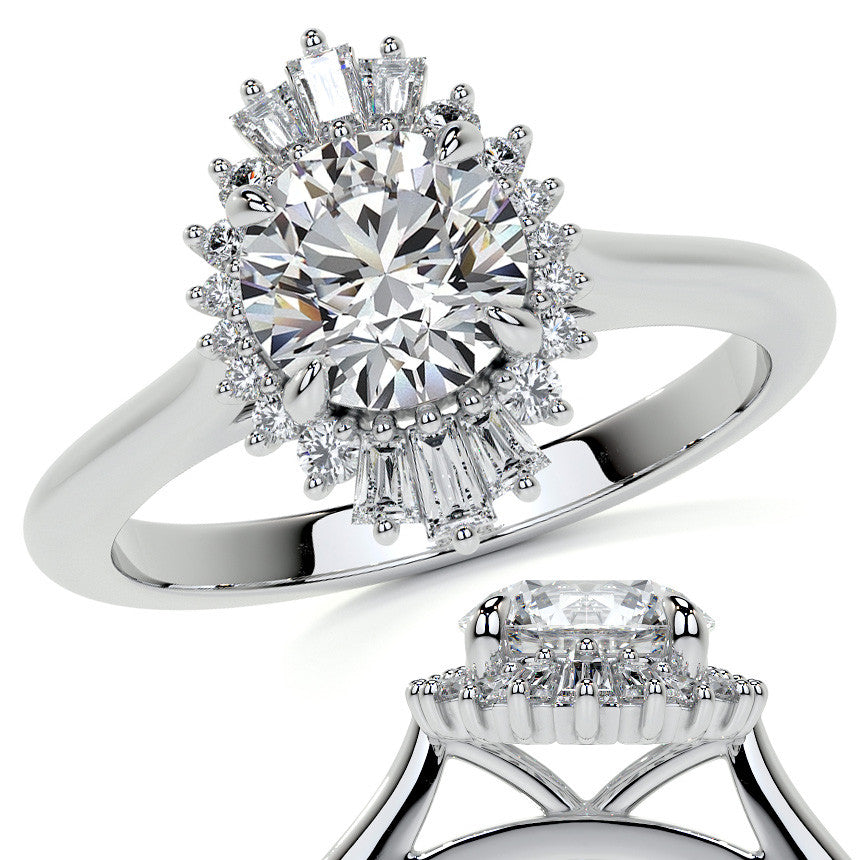 Round and Baguette Diamond Halo Moissanite Engagement Ring