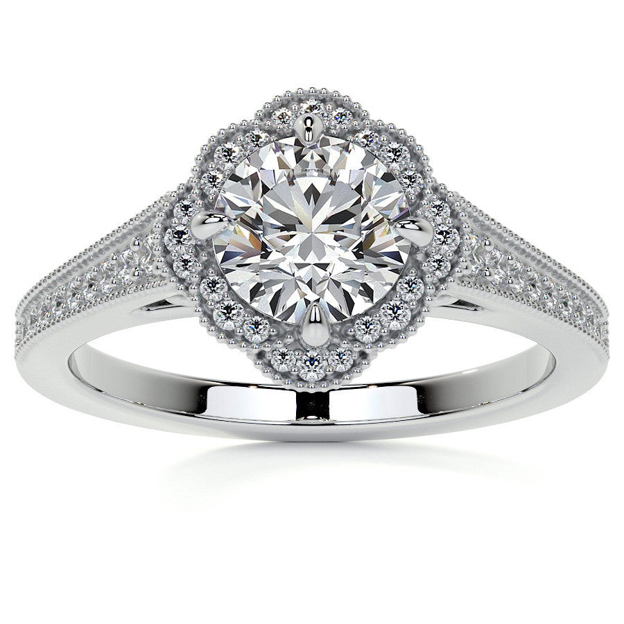 Round Antique Style Halo Moissanite Cathedral Engagement Ring