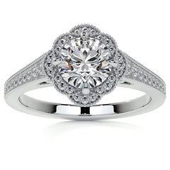 Round Antique Style Halo Moissanite Cathedral Engagement Ring
