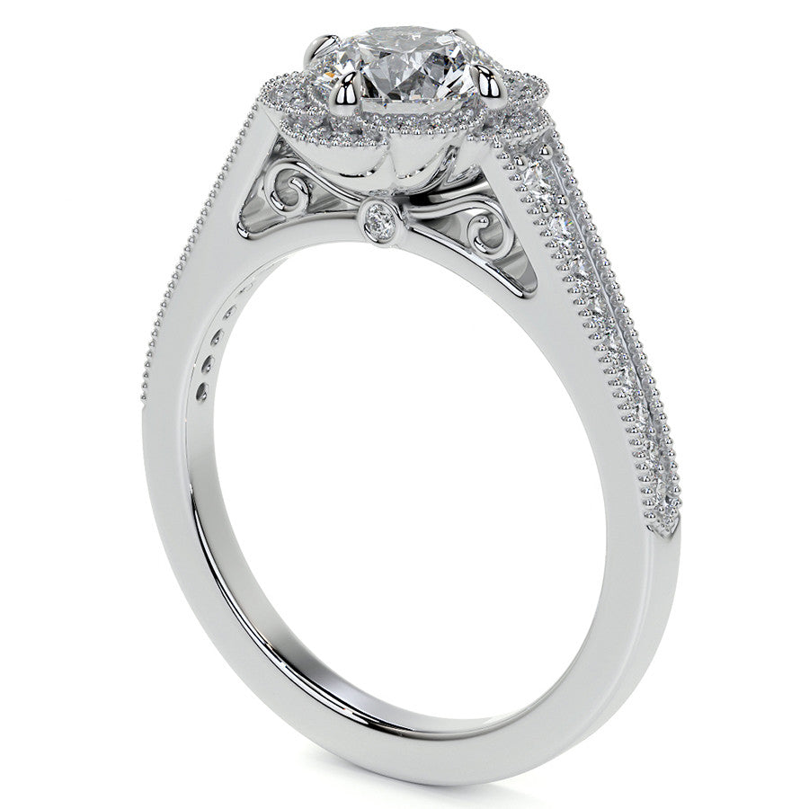 Round Antique Style Halo Moissanite Cathedral Engagement Ring