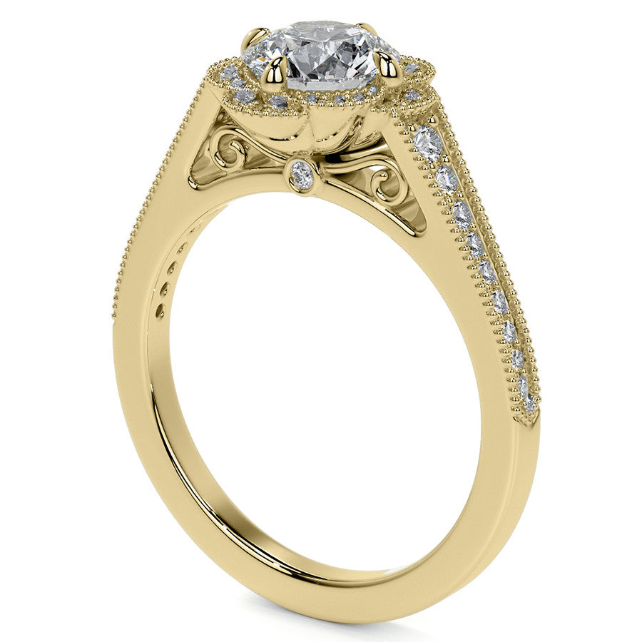 Round Antique Style Halo Moissanite Cathedral Engagement Ring