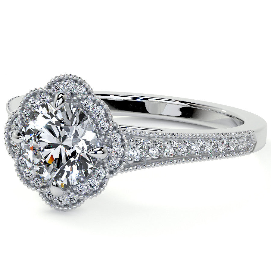 Round Antique Style Halo Moissanite Cathedral Engagement Ring
