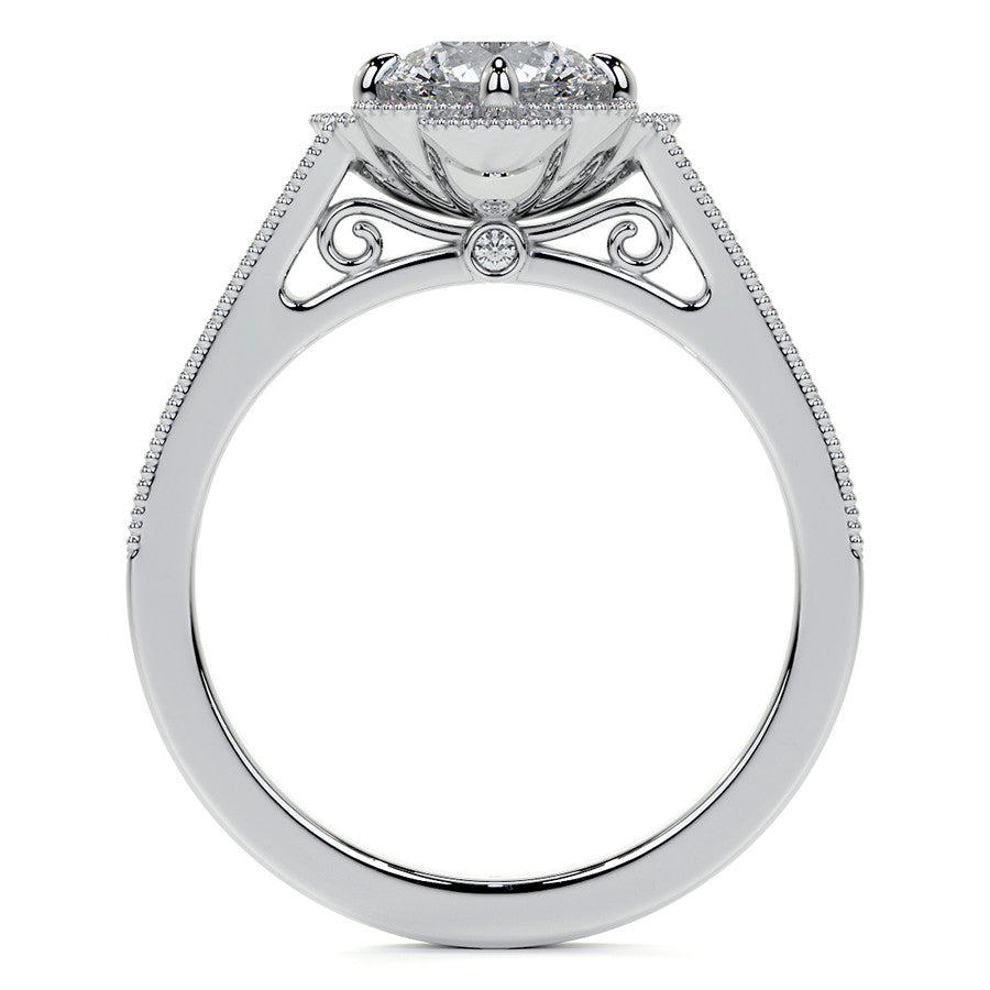 Round Antique Style Halo Moissanite Cathedral Engagement Ring