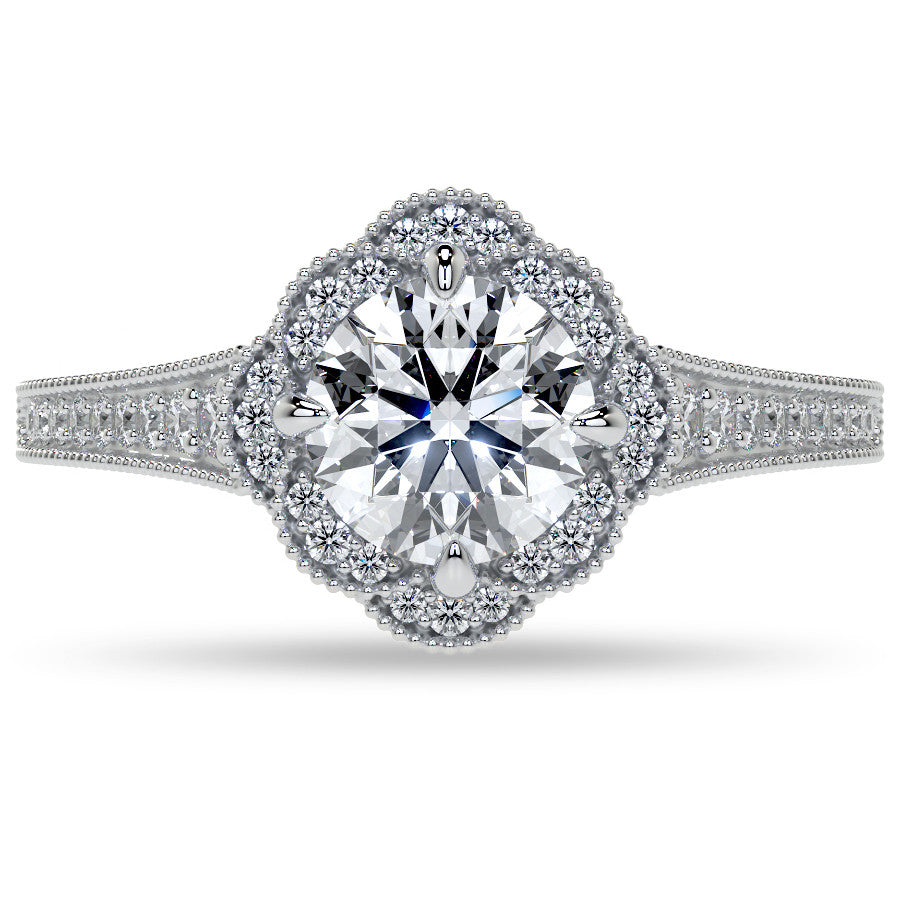 Round Antique Style Halo Moissanite Cathedral Engagement Ring
