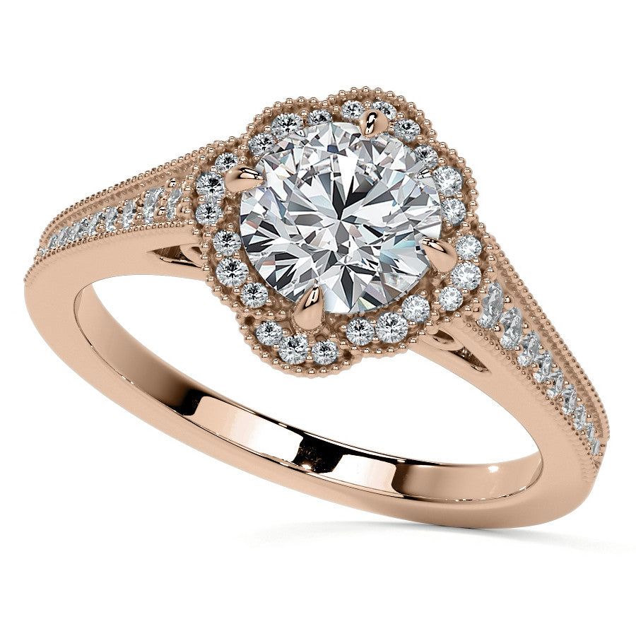 Round Antique Style Halo Moissanite Cathedral Engagement Ring