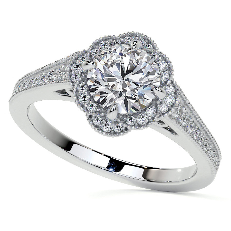 Round Antique Style Halo Moissanite Cathedral Engagement Ring