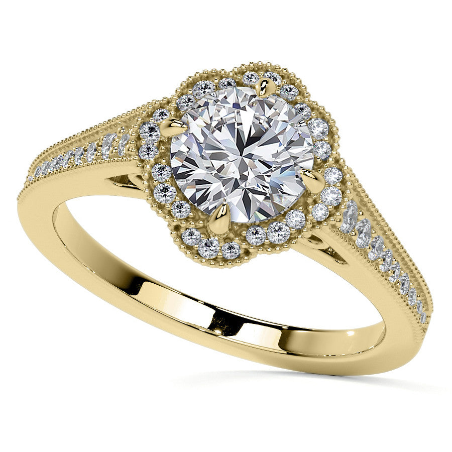 Round Antique Style Halo Moissanite Cathedral Engagement Ring