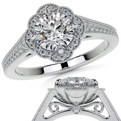Round Antique Style Halo Moissanite Cathedral Engagement Ring