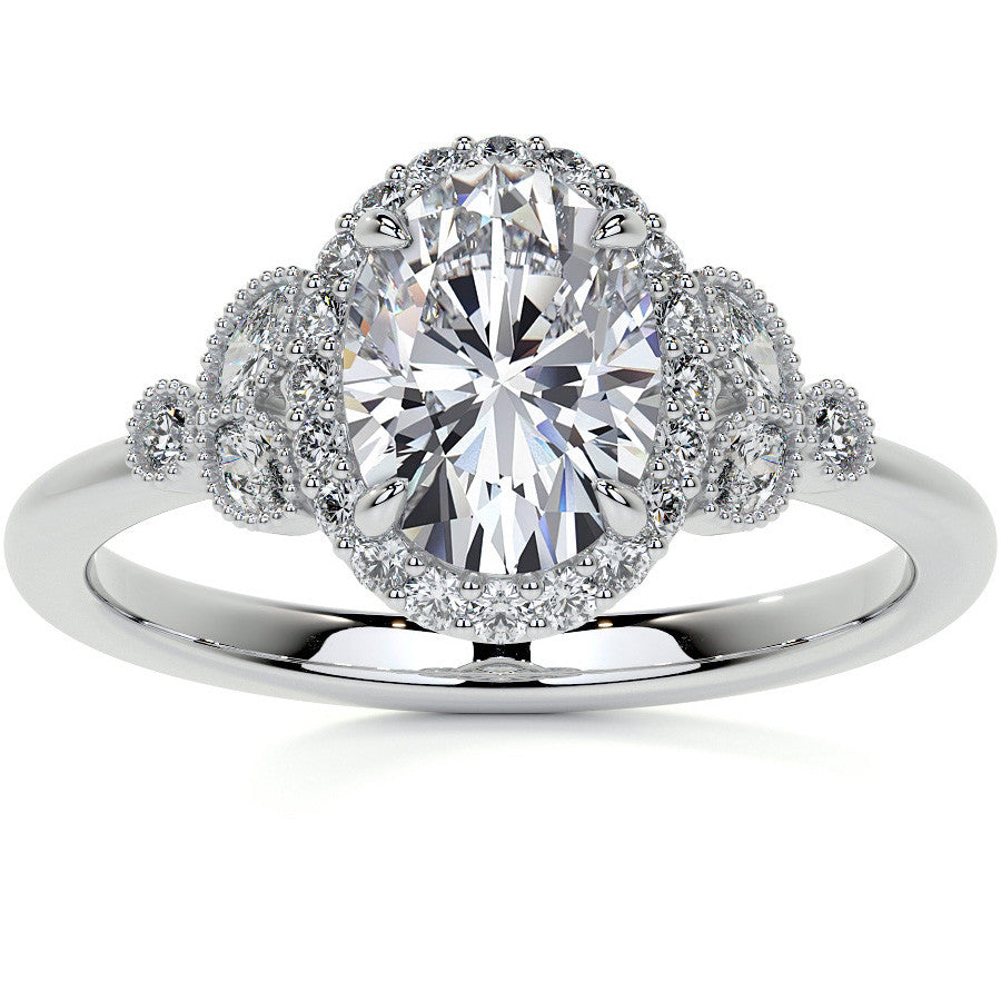 Petite Oval and Marquise Moissanite Halo Engagement Ring