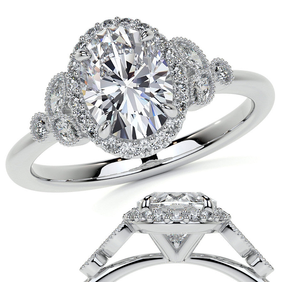 Petite Oval and Marquise Moissanite Halo Engagement Ring