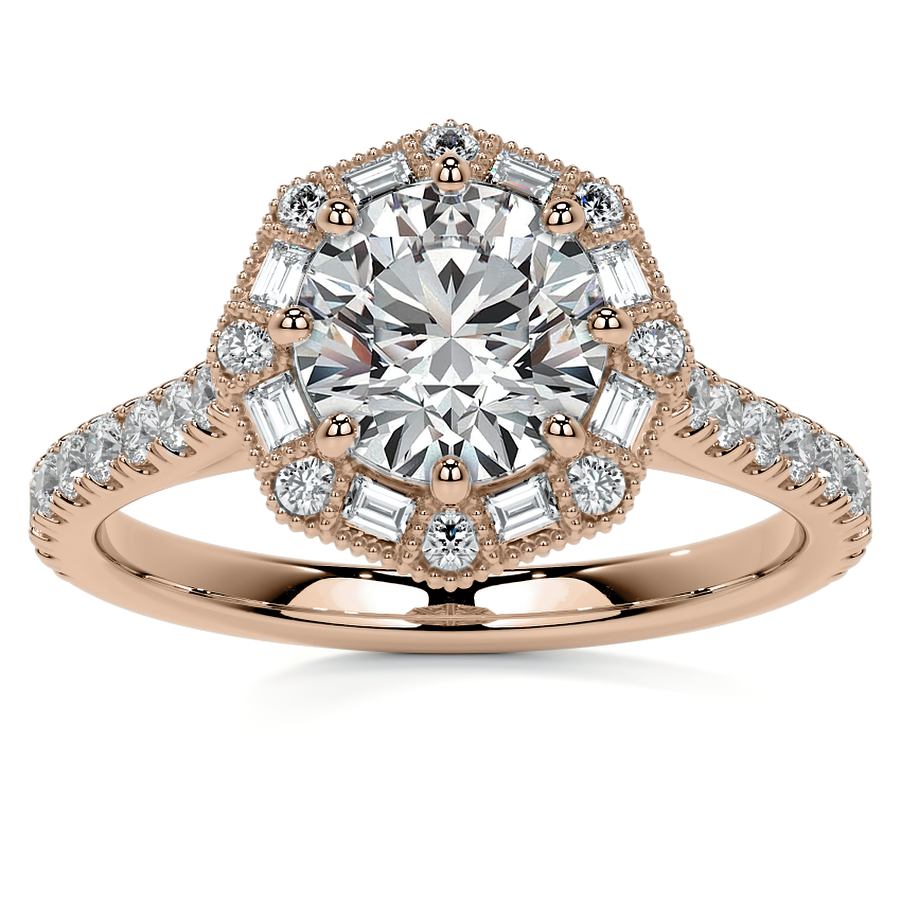 Baguette and Round Diamond Octagon Halo Moissanite Engagement Ring