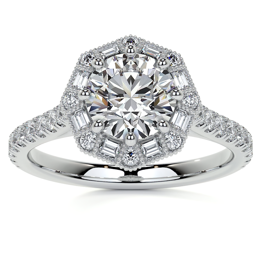 Baguette and Round Diamond Octagon Halo Moissanite Engagement Ring