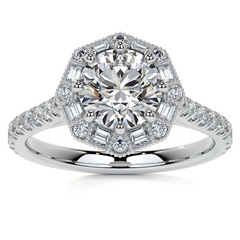 Baguette and Round Diamond Octagon Halo Moissanite Engagement Ring