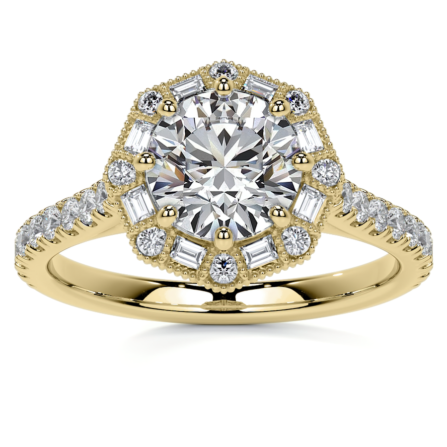 Baguette and Round Diamond Octagon Halo Moissanite Engagement Ring