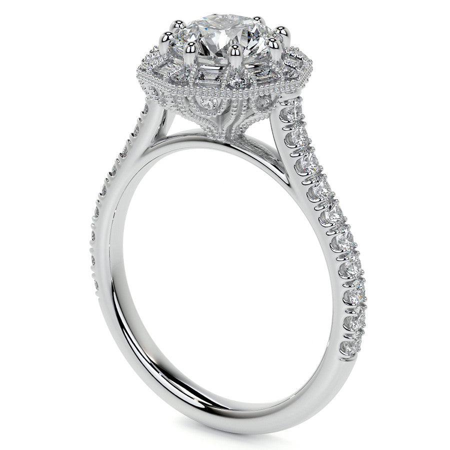 Baguette and Round Diamond Octagon Halo Moissanite Engagement Ring